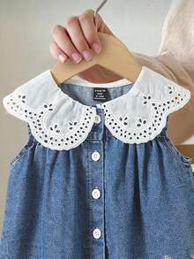 SHEIN Countryside Style Peter Pan Collar Girls Outfit, Baby Girl Fashion Embroidered Hem Sleeveless Top And Long Pants 2-Piece Set - Medium Wash - View 3