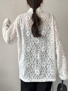 FRIFUL Women's Floral Lace Lapel NeckLong Sleeve Single-Breasted Elegant Blazer - White - View 2