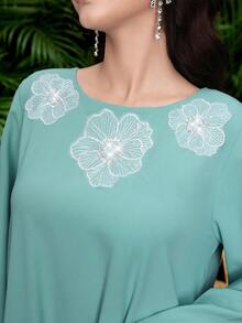 SHEIN Najma 女士休闲优雅宽松花卉水钻装饰睡袍 - 藍色 - 查看 4