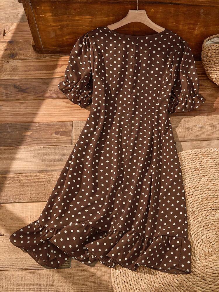 Plus Size Women's Summer Casual Vacation Country Spring Casual Vacation Round Neck Brown Polka Dot Ruffle Puff Sleeve Dress/Summer,Summer Holiday,Spring Break Outfits ,Vacation Outfits Women ,Holiday Outfits For Women,Going Out Outfits,2026 New Clothes,Simple And Fashionable For Everyday Wear,Casual Dresses For Women,Flowy Dress , Brown Polka Dot Dress, Brown Summer Dress,Suitable For Summer, Vacation, Commute, Daily Wear,Polka Dot Dress