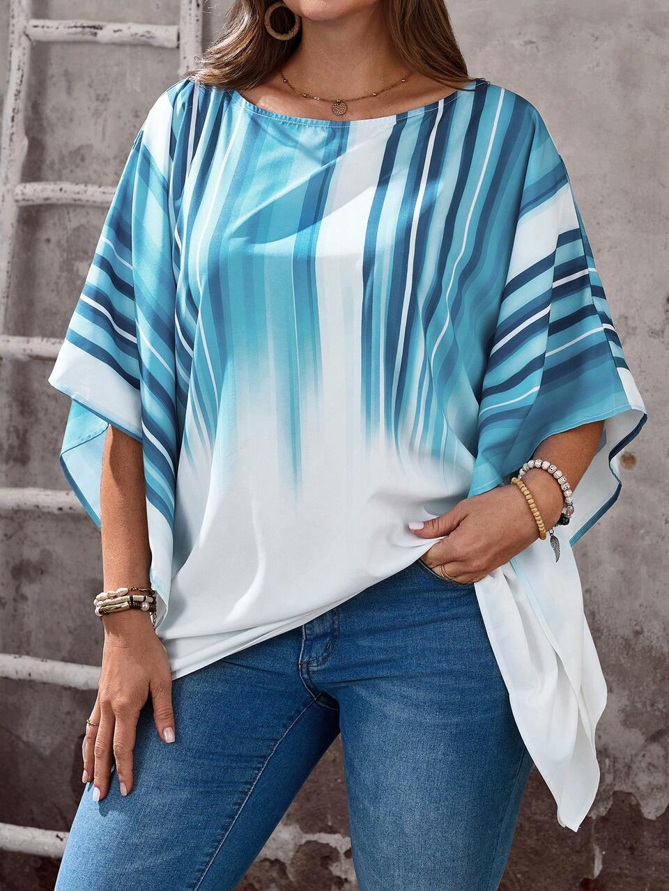 Plus Size Women's Blue And White Gradient Ombre Print Blouse,Elegant Summer Vacation Round Neck Batwing Sleeve Loose Fit Beach Top,Daily Wear
