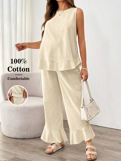 SHEIN 孕妇纯色圆领无袖上衣搭配可调节腰围阔腿裤休闲套装