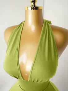 Mistrie Black Tight-Fitting Romper With Deep V-Neck, Backless Strap - Green - View 5