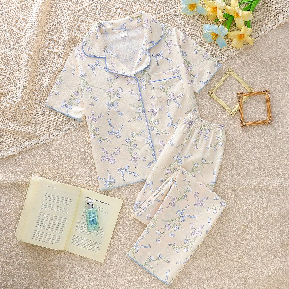 Set de 2 piezas de cardigan con cuello polo y lazo con estampado floral y pantalones casuales y cómodos de ajuste holgado para niñas