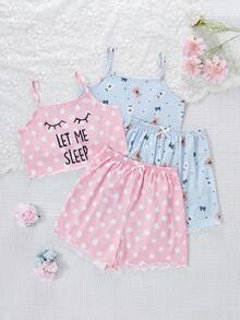 3件套女童休闲可爱卡通爱心、蝴蝶结、樱桃印花背心短裤睡衣套装，夏季 - 彩色 - 查看 3