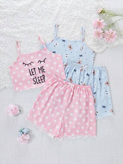 3件套女童休闲可爱卡通爱心、蝴蝶结、樱桃印花背心短裤睡衣套装，夏季