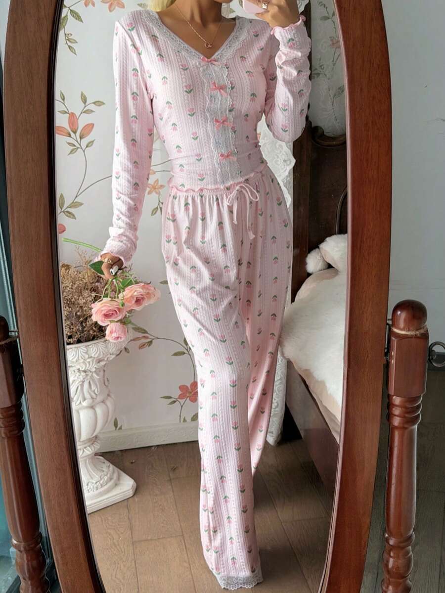 SHEIN 粉色郁金香针织提花印花蕾丝边长袖睡衣套装 - 粉色 - 查看 1