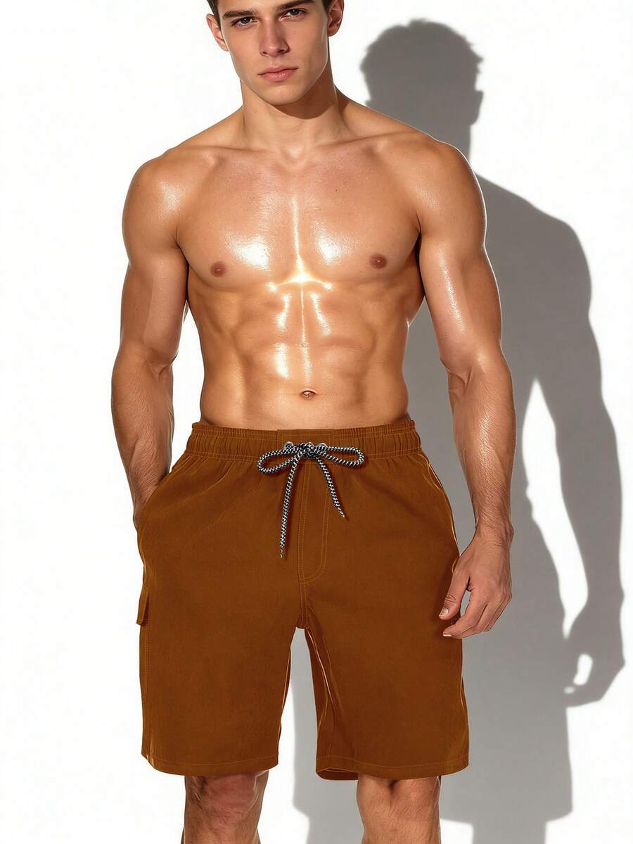 Manfinity KASUA Men's Drawstring Waist Cargo Pocket Casual Beach Shorts - Coffee Brown - View 1