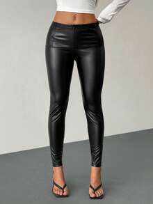 SHEIN PETITE 秋/夏新款简约优雅日常通勤休闲时尚百搭春夏百搭束腰拉链提臀黑色中腰PU皮绒修身裤，适合春夏、机场、教师、办公室等场合穿着。 - 黑色 - 查看 9