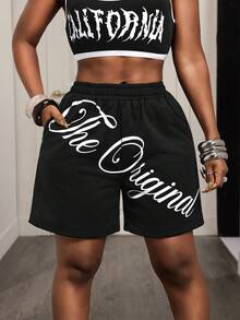 BamGleam Pantalones cortos casuales de mujer con estampado de letras, cintura elástica y bolsillos en diagonal - Negro - Ver 3