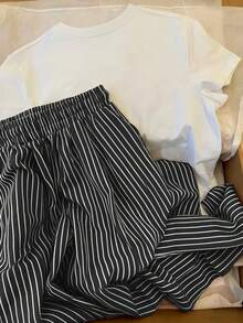 Resyla 2pcs Women Printed Round Neck Short Sleeve Top And Striped Pants Set - White - View 2