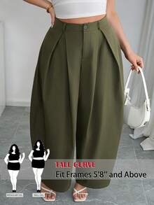SHEIN Tall CURVE 大码女式休闲纯色宽松哈伦裤夏季款，高腰阔腿裤，橄榄绿阔腿裤，宽松裤，春季女装，毕业典礼，女士休闲装，女士正装 - 綠色 - 查看 9