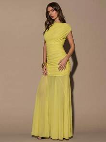 SHEIN BAE 女士酒红色无袖圆领褶皱修身连衣裙，优雅维纳斯女士超长连衣裙，适合度假、节日、圣诞节、派对、约会、生日等场合。 - 黃色 - 查看 5