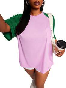 SHEIN SXY Áo thun nữ cỡ lớn cổ tròn tay raglan phối màu tương phản dáng rộng thoải mái - Nhiều màu - Xem 6