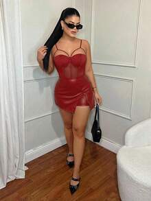 SHEIN SXY 女士性感网纱拼接吊带背心，胸前饰有绑带，春夏款 - 紅色 - 查看 6