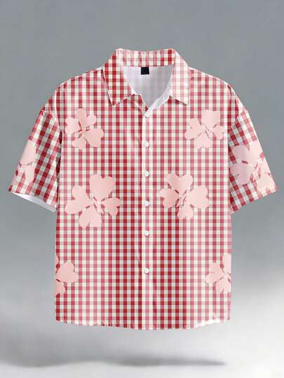 Manfinity EMRG Men's Summer Vacation Plaid & Floral Print Button Front Short Sleeve Shirt
