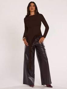 SHEIN BAE Women's Autumn Fashionable Solid Color Versatile Asymmetric Ruffle Hem Top - Coffee Brown - View 4