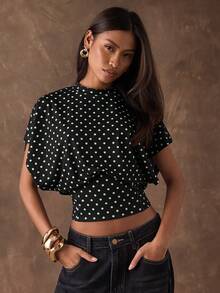 SHEIN BAE 女士休闲波点印花蝙蝠袖短款T恤，夏季 - 黑色 - 查看 5