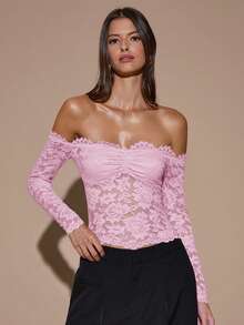 SHEIN BAE 女士蕾丝性感透视镂空露肩长袖上衣，酒红色，适合圣诞节、万圣节、亡灵节、秋冬季叠穿 - 淺粉色 - 查看 5