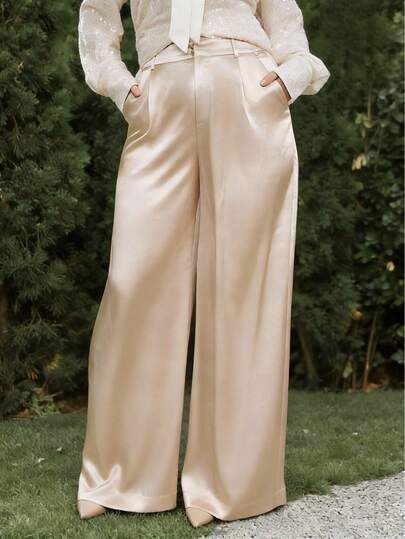 VOLUPTÉ CURVE 优雅轻盈的缎面阔腿裤，松紧腰带，带口袋，宽腿长款，适合工作、休闲、度假、派对等场合，畅销款