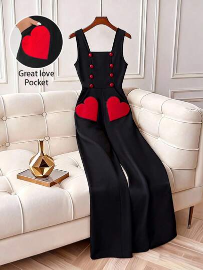 GlowEve CURVE Valentine DayPlus Size Women's Sleeveless Square Neck Corduroy Fabric Pocket Heart Decor Contrast Color Mushroom Button Jumpsuit, Elegant & Romantic For Autumn/Winter Date