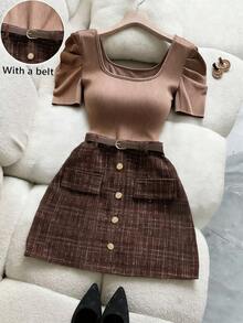 Franclia 方领修身性感罗纹泡泡袖A字格纹收腰装饰半身裙两件套 - 卡其色 - 查看 2