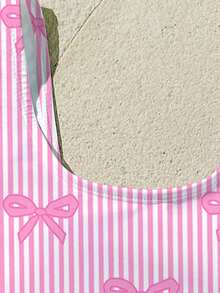 Cute Striped Bow Print, Cream Pink, Beach Vacation, #Coconutgirl, Tween Girls Casual Minimalist Camisole & Triangle Bikini Swimsuit Set, Suitable For Summer Princess Chic, Little Stars, Tween Girl Swimwear, Vacay Romance - Pink - View 5
