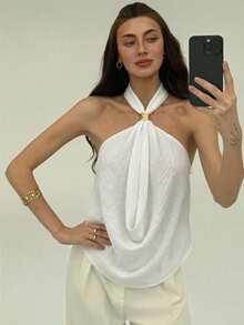 Aloruh Áo croptop cổ yếm xếp ly màu trơn dành cho nữ - trắng - Xem 1