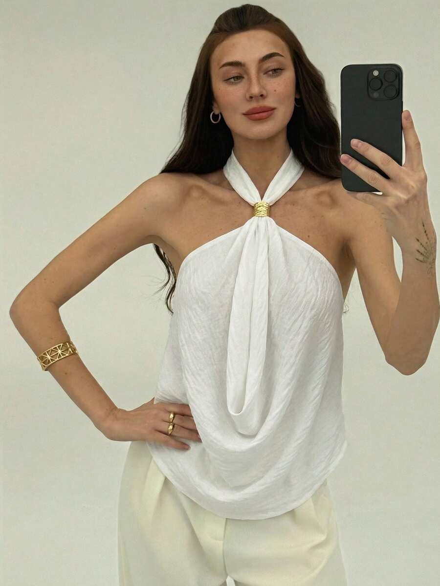 Aloruh Áo croptop cổ yếm xếp ly màu trơn dành cho nữ - trắng - Xem 1