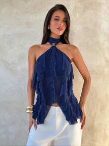 Aloruh Women's Elegant Multi-Layer Ruffle Trim Stand Collar Fitted Tank Top - Navy Blue - View 4