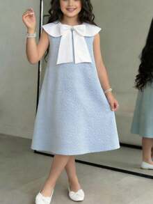 Firerie Kids Tween Girls Cute & Elegant Crew Neck Rhinestone Embellished Bowknot Sleeveless Mini A-Line Dress, Suitable For Daily Gatherings, Parties, Commuting - Blue - View 1