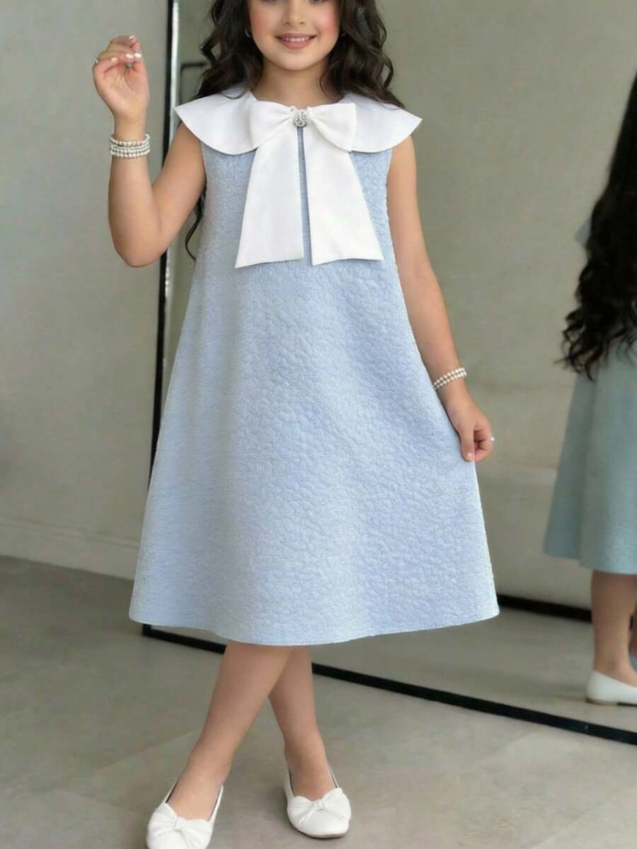 Firerie Kids Tween Girls Cute & Elegant Crew Neck Rhinestone Embellished Bowknot Sleeveless Mini A-Line Dress, Suitable For Daily Gatherings, Parties, Commuting - Blue - View 1