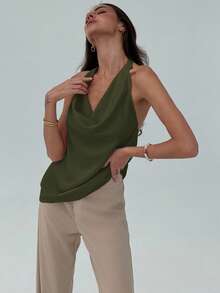 Aloruh Minimalist Commuter Halter Chic Plunging Neckline Bodycon Cami Top For Women - Army Green - View 4