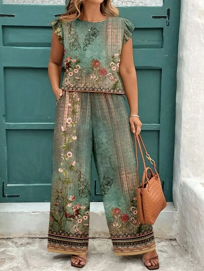 EMERY ROSE Elegant Vintage European Floral Pattern Casual Minimalist Plus Size Printed Round Neck Short Sleeve Top And Loose Pants Two Pieces Set, Suitable For Summer