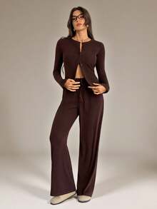 SHEIN Tall Ribbed Cardigan And Wide Leg Pants Co Ord Set For Women Casual Lounge Wear Autumn Winter Outfit Two Piece Pant Set Tall Two Piece Set Brown Two Piece Set Long Sleeve Two Piece Set Baithingsuit Brown Pant Set - Chocolate Brown - View 4