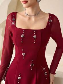 Modelyn 女士酒红色针织长袖网纱收腰A字型串珠连衣裙，春夏款 - 酒紅色 - 查看 6