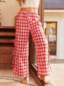 Bohemian Boho Style Side Tie Loose Straight Floral Plaid Cotton Women Pajama Bottoms - Red - View 4