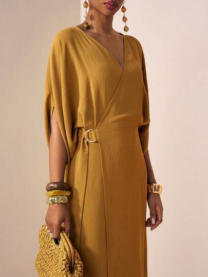 Zivah 2026 Spring/Summer New Music Festival, Easter, St. Patrick's Day, Valentine's Day, Date, Western, Nomadic, Birthday Party, Graduation, College, Student, Daily Wear, Basic Versatile, Casual, Vacation, Cruise Travel, Beach, Sunbathing, Viral , Streetwear, Wedding Guest Boho, Commute, Brunch, Airport, Party, Holiday Outing, Office Attire V-Neck Short Sleeve Maxi Linen Dress With Waist Tie, Metal Decor, Slit, Flowy, Yellow-Green