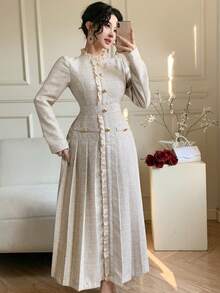 DAZY Elegant Women's Mid-Length Dress With High Collar And Ruffle Hem Waist Decor Wedding Guest Dress - Apricot - View 1