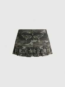 ROMWE Grunge Punk Y2K复古性感朋克迷彩星星褶皱迷你牛仔裙 - 軍綠色 - 查看 2