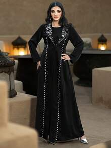 Layrah Rhinestone Embellished Handmade Long Abaya Jacket With Suit Collar Luxury Clothes For Women Sparkly Black Dress For Evening Party - Black - View 6