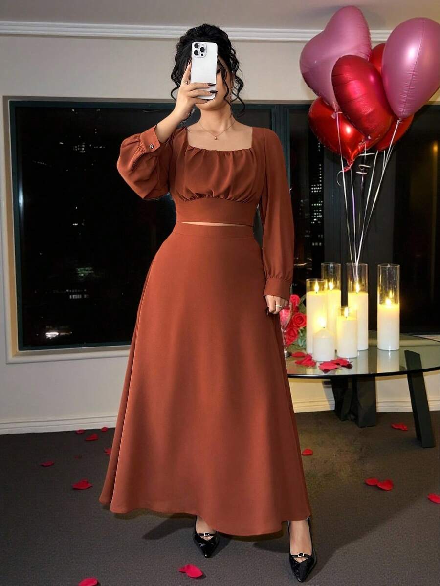 SHEIN Elenzya Bộ đồ nữ cổ vuông tay dài 2 món, áo cổ vuông + chân váy dài, trang phục thường ngày & thanh lịch, phù hợp cho mùa xuân/hè - màu nâu - Xem 1