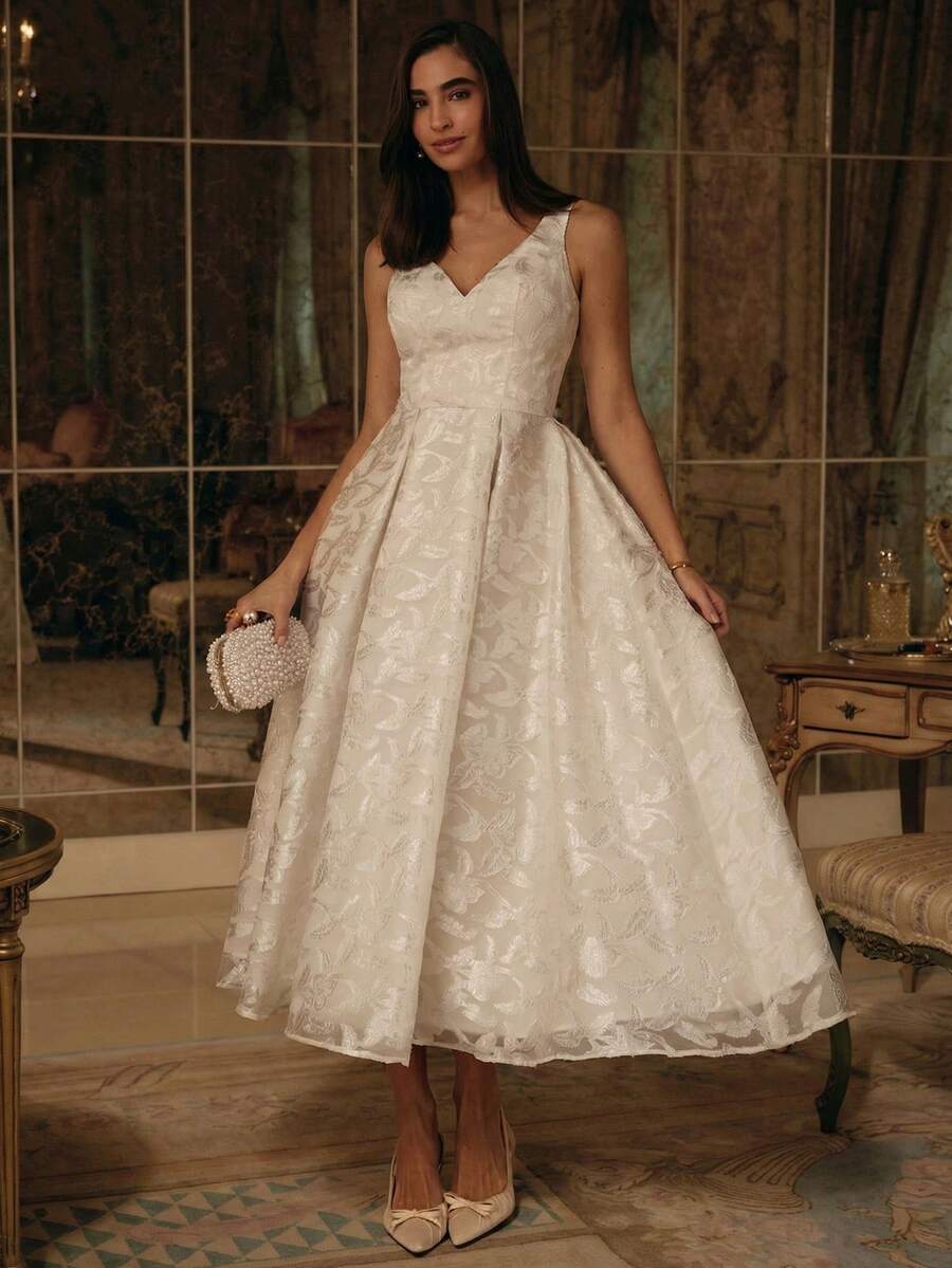 Enchnt High-End Evening Gown Collection, Women's V-Neck Jacquard Elegant Waist-Cinching Midi White Dress With Bust Pads, Suitable For Dates And Parties, Elegant Women's Dress, Wedding Guest Dress, Bridesmaid Dress.