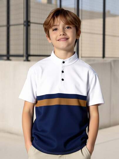Vacaura 1pc Boys' Casual Minimalist Patchwork Stand Collar Polo Shirt, Comfortable Fabric, Versatile Styling, Suitable For Spring, Summer, Autumn