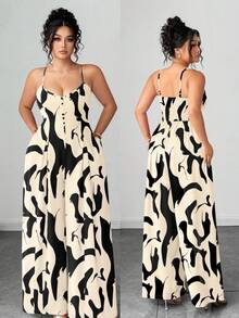 Elenzga Bộ jumpsuit nữ cỡ lớn thanh lịch in hoa, dây đeo có thể điều chỉnh, eo thắt, kiểu dáng thời trang cho đầu xuân. - Màu be - Xem 1