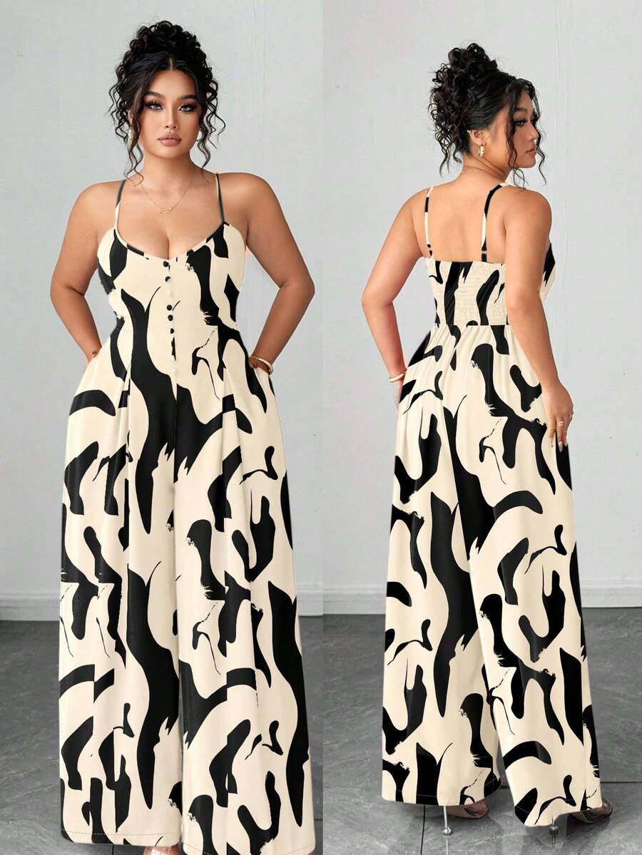 Elenzga Bộ jumpsuit nữ cỡ lớn thanh lịch in hoa, dây đeo có thể điều chỉnh, eo thắt, kiểu dáng thời trang cho đầu xuân. - Màu be - Xem 1