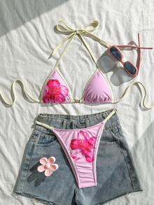 Swim Mod Women's Floral Print Halter Neck Bikini Set,Pink,Summer Vacation Holiday Casual Beach Outfit With Tie-Up Design,Metal Shell Accent Micro Triangle - Pink - View 2