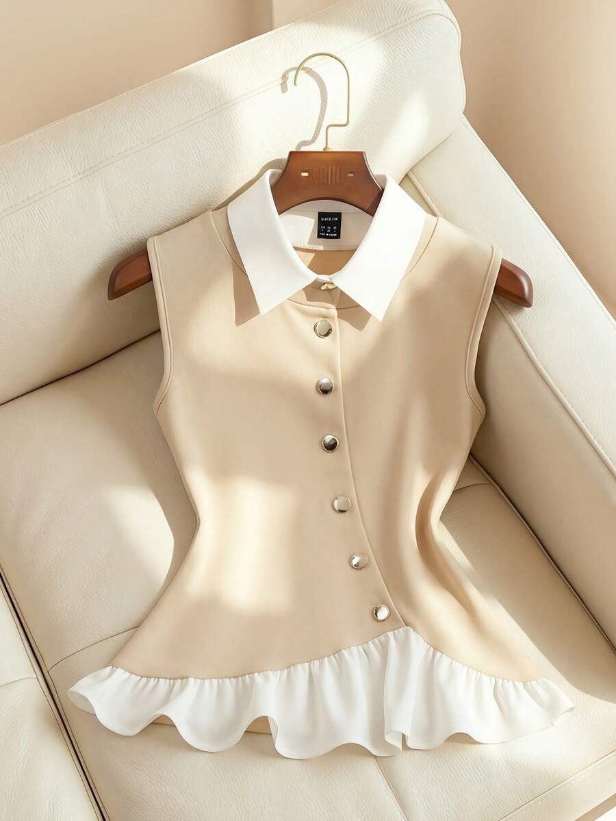 Franclia Women's Elegant Summer Office White Sequence Spliced Shirt,Work-Appropriate Layered Design Metal Button Detail Chest,Stylish Casual Spring Vacation - Multicolor - View 1