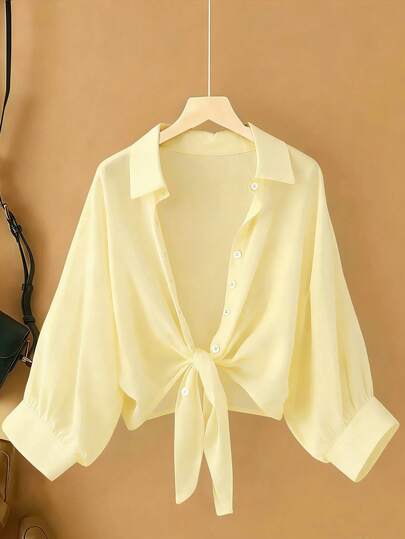 Resyla New Bat Wing Cardigan Short Casual Chiffon Shawl Collar Solid Color Blouse For Women