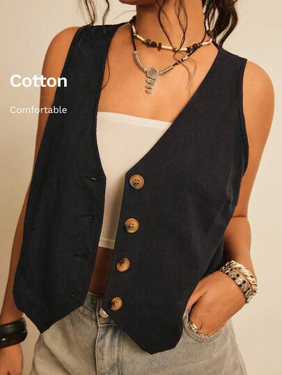 Freevana Chaleco De Talla Grande Con Cuello V Y Botones Frontales Para Vacaciones